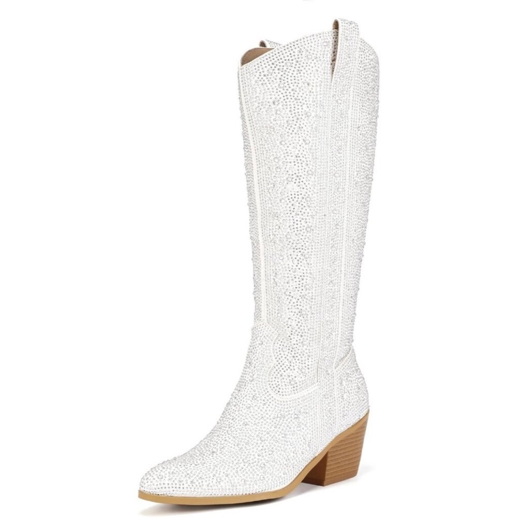 Women's White Rhinestone Cowboy Boot Knee High Western Cowgirl Boots Pointed Toe